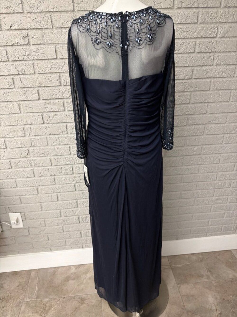 Alex Evening Illusion Beaded Navy Ruched Dress Size 12P - Picture 4 of 12